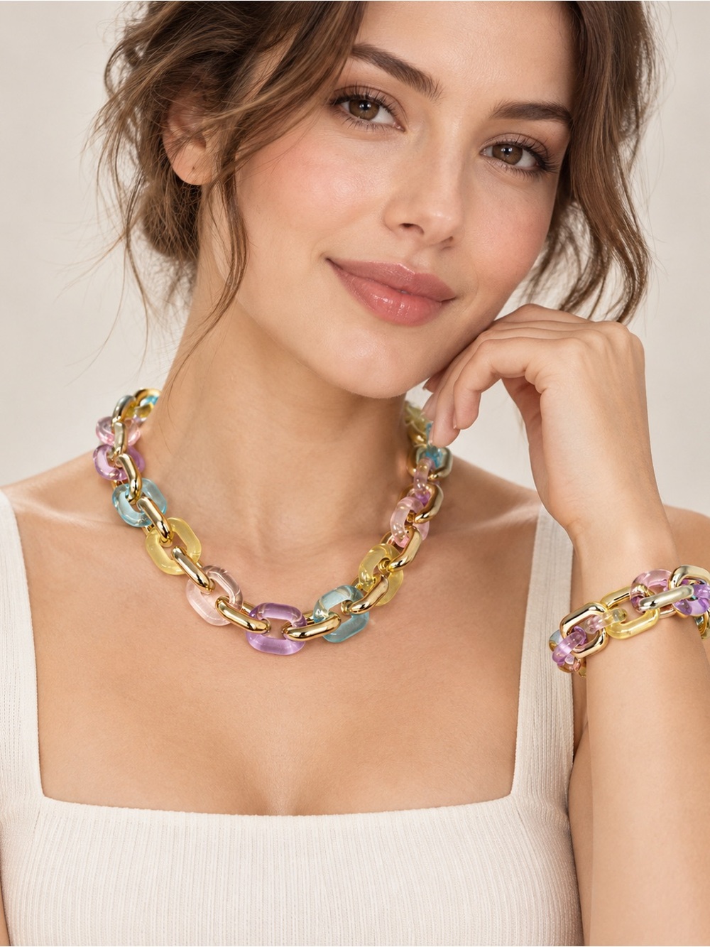 Roman Designer Pastel Resin & Gold Tone Chunky Link Necklace Bracelet Set